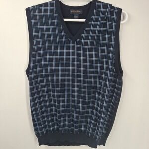 Brooks Brothers V-neck Sweater Vest Mens XL Navy Blue Pima Cotton Windowpane